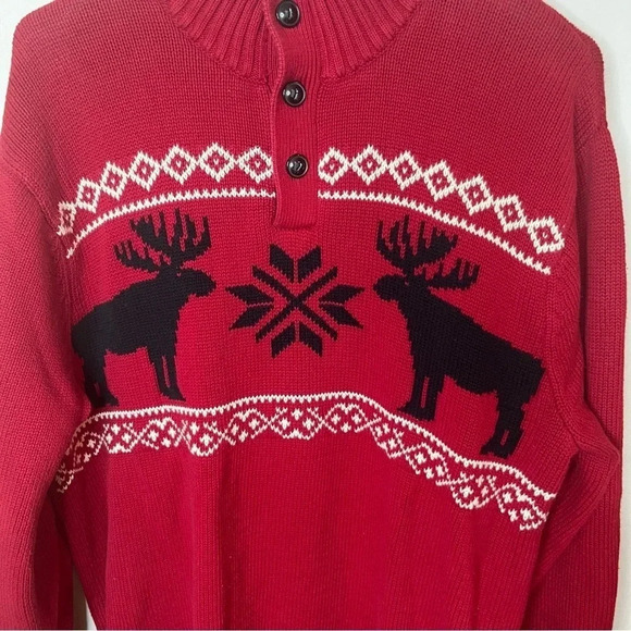 Chaps 1/4 Button High Neck Sweater Pullover Men Medium Red Moose Snowflakes - Picture 2 of 7